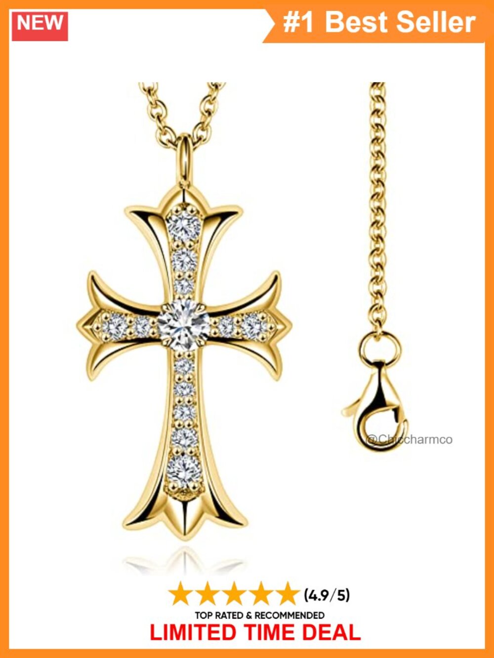 Moissanite Cross Pendant Necklace 925 Sterling Silver 18K Gold Plated